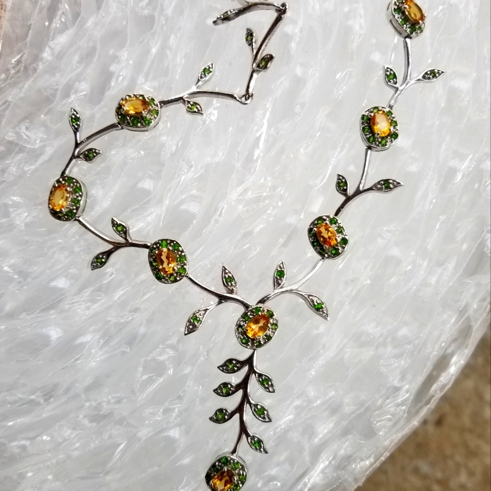 Vintage sterling silver tennis necklace with orange citrine and green stones